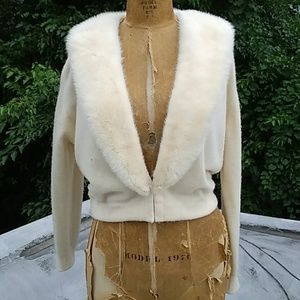 Vintage 1950s Ivory Sweater w/ Mink Collar